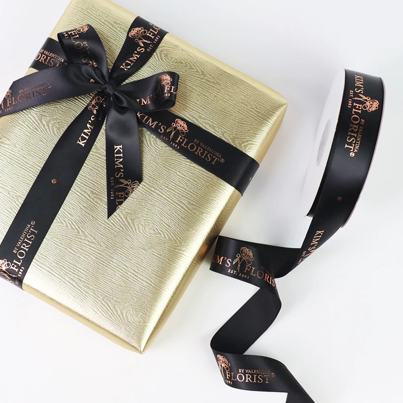 
custom ribbon with logo brand name gold foil printed satin grosgrain gift ribbon bows printing machine 