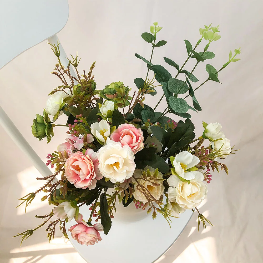 
small mini silk eucalyptus artificial roses bouquet in vase arrangement home decor stage wedding decoration 