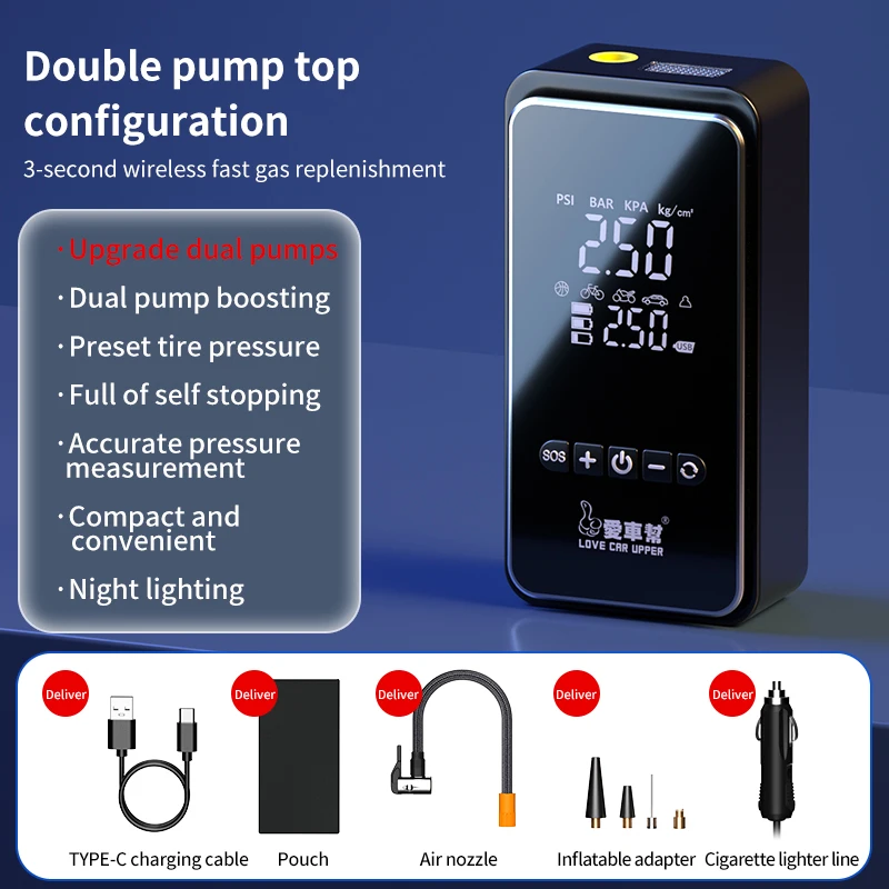 2024 New Product LP8 150PSi Bicycle Car Tire Inflator Portable Tire Air Pump with 5 smart modes Bike/ Motorbike/ Car/Ball/Manual