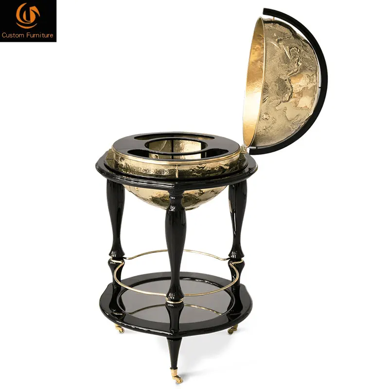 Polished Brass Retro Style Mini Bar Beverage Cabinet Movable Wine Rack and Cart for Hotel Farmhouse or Home Bar Use