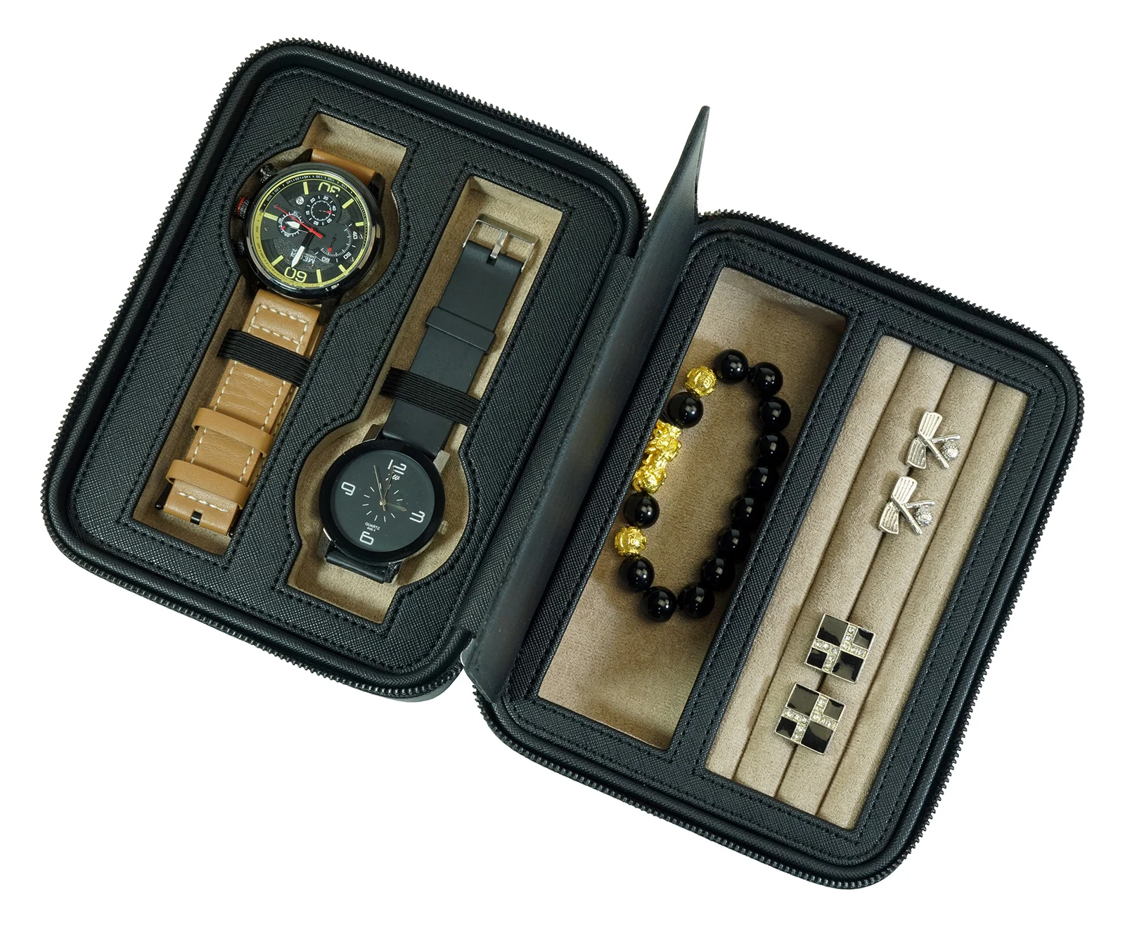 Sonny Custom Black Leather Travel Jewelry Box Case for Watch Cufflink Bracelet