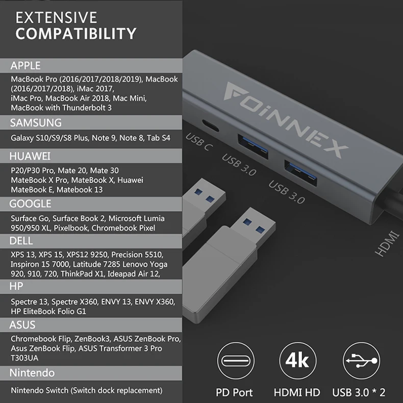 Высокоскоростной Кабель-адаптер USB C-HDMI 60 Вт зарядный порт с двумя 3 0-5 Гбит/с поддержка 3840x2160 4K @ 30 Гц 2560x1600