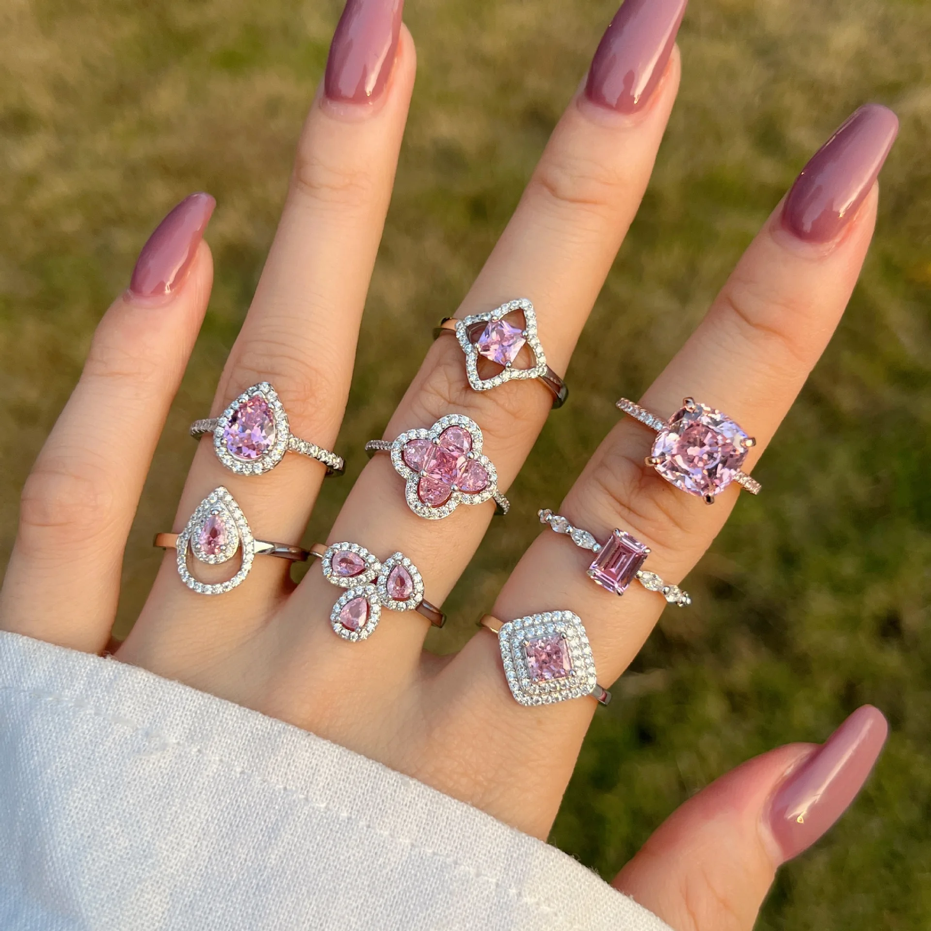 Trending Design 18K Gold Plated 925 Sterling Silver Diamond 5a pink Cubic Zirconia Four Leaf Clover Promise Engage Ring