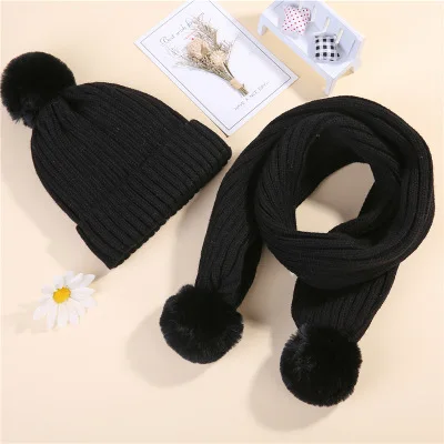
boys and girls hat and scarf suit with plush and warm in autumn/ winter knitted ball bib 