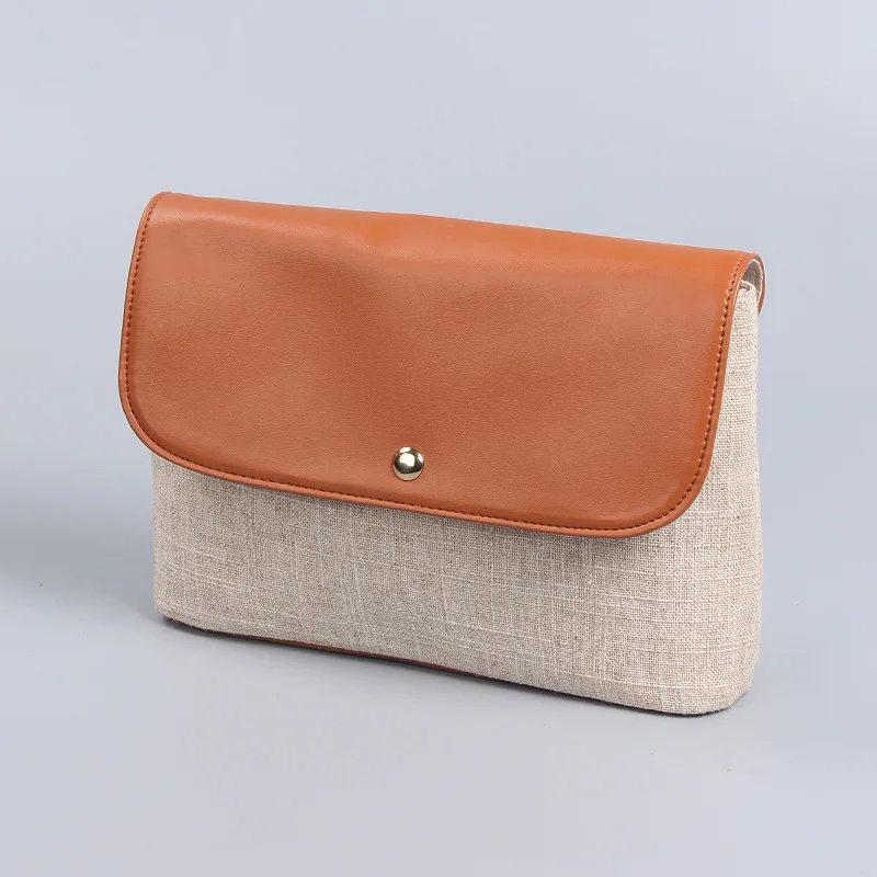 Natural Jute Makeup Bag PU Trim Flap Makeup Pouch Plain Toiletry Storage Bag Envelope Shape PU and Linen Cosmetic Bag