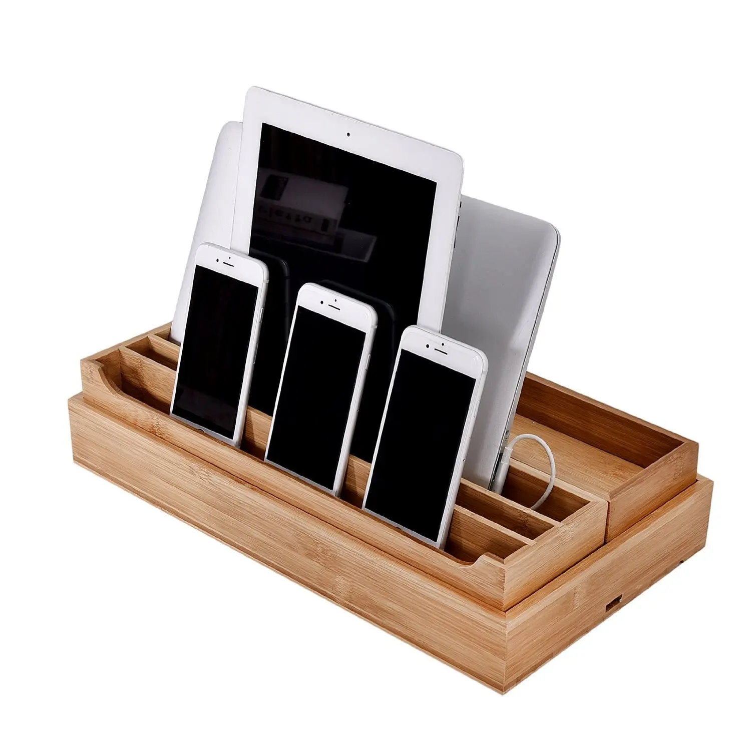 Bamboo Multi Table Phone Device Cords Organizer Stand Charging Station and Dock