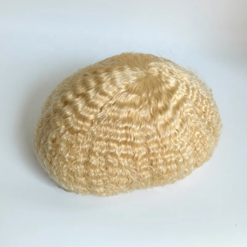 Afro Curly Wavy 6mm Wave Human Hair Full PU Thin Skin Male Blond Color 613 Men Toupee With Factory Price