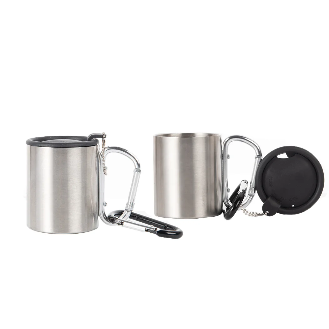 220ml 300ml Stainless Steel Camping Mug with Carabiner Clip Handle Double Wall Coffee Cup