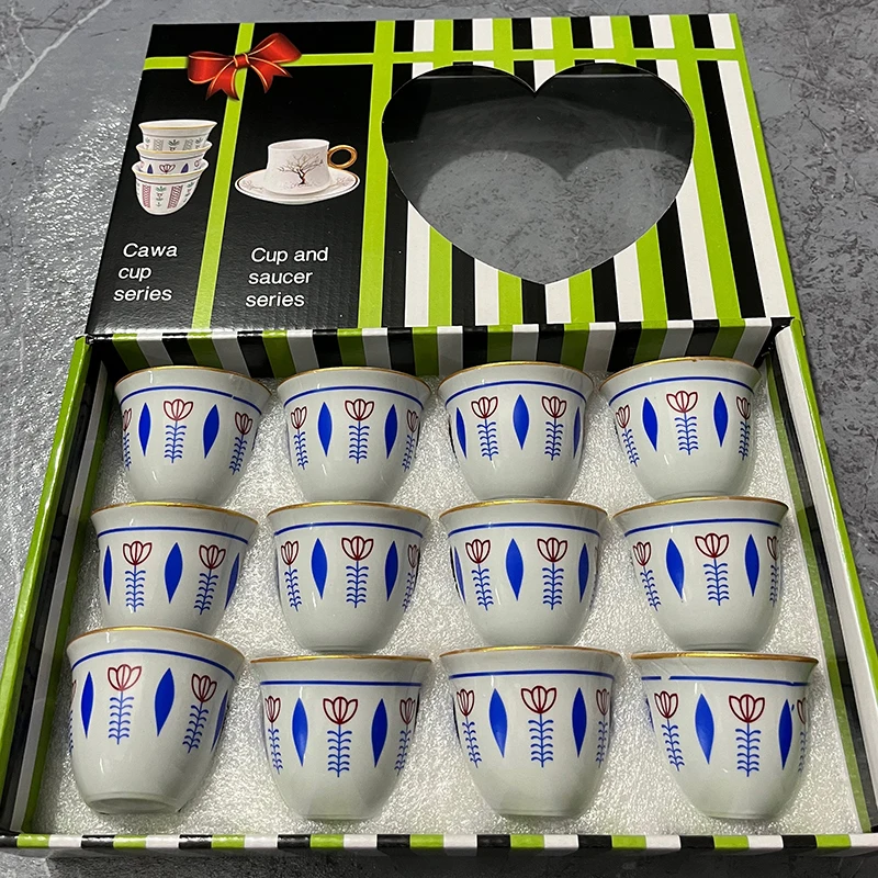 Arabic Mid East Classic Ceramic Cawa Cups Set Custom Tableware 12pcs Cawa Cups With Gift Box