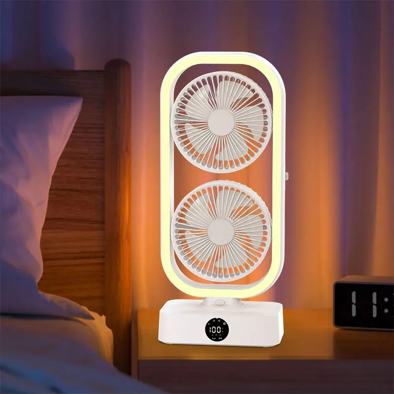 Exclusive Dual-head Floor Rotating Remote Twin Tower Fan 10000mAh Electric USB Rechargeable Power Bank Table Fan with LED Lights