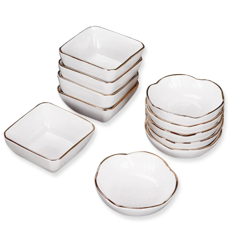 Ceramic Bulk Customized Logo Bone China Gold Rim Soy Sauce Dipping Dish Ceramic Dipping Serving Bowls For BBQ and Party Dinner