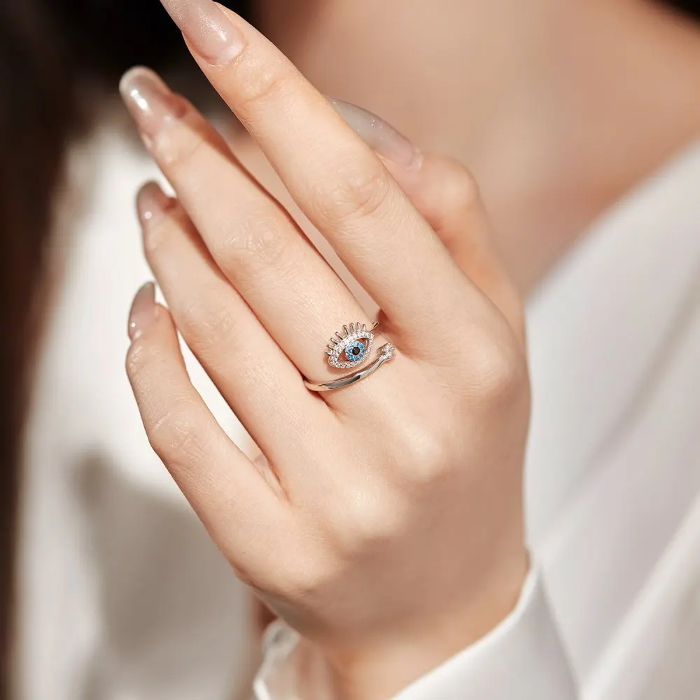 Popular Wholesale 925 Sterling Silver Fine Jewelry 18K Gold Plated Zircon Pave Blue Evil Eye Rings Adjustable