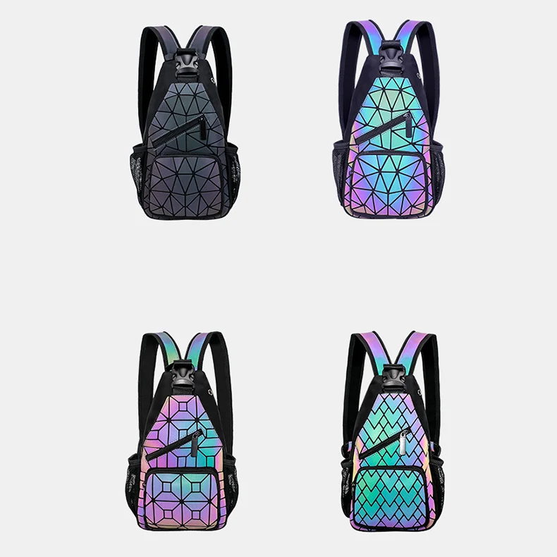 2024 fashion style multi function fanny crossbody backpack geometric plus size luminous leather reflective rainbow chest bag
