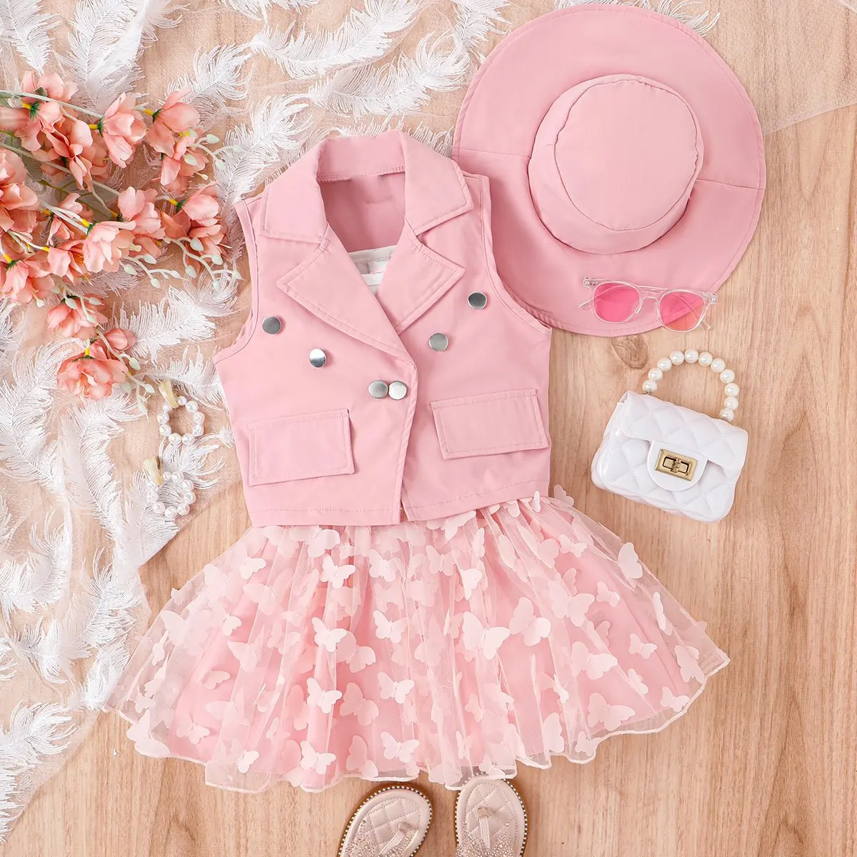New Baby Clothes Girls Lapel Button Candy Color Butterfly Mesh Skirt Sleeveless Coat Vest Skirt Hat Four-Piece Baby Clothing Set