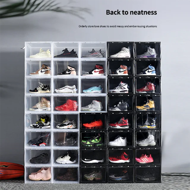 Rectangle Foldable Display Shoe Storage Box Transparent Portable Drop Front Organizer Plastic Shoe Box
