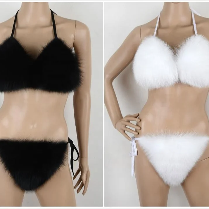 Женское бикини из натурального Лисьего меха, летнее пляжное нижнее белье, праздничный плотный пушистый бюстгальтер из натурального меха