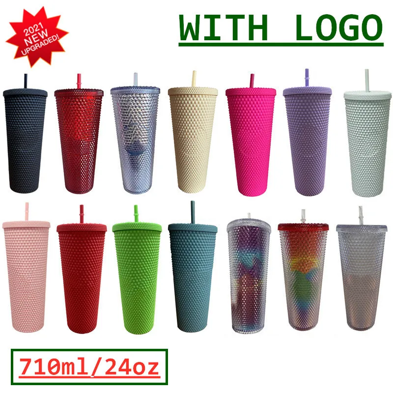 Drinkware 710ml Coffee Cup Summer Holiday Cold Water Mug Tumbler With Straw Double Layer Plastic Durian Diamond Radiant Goddess