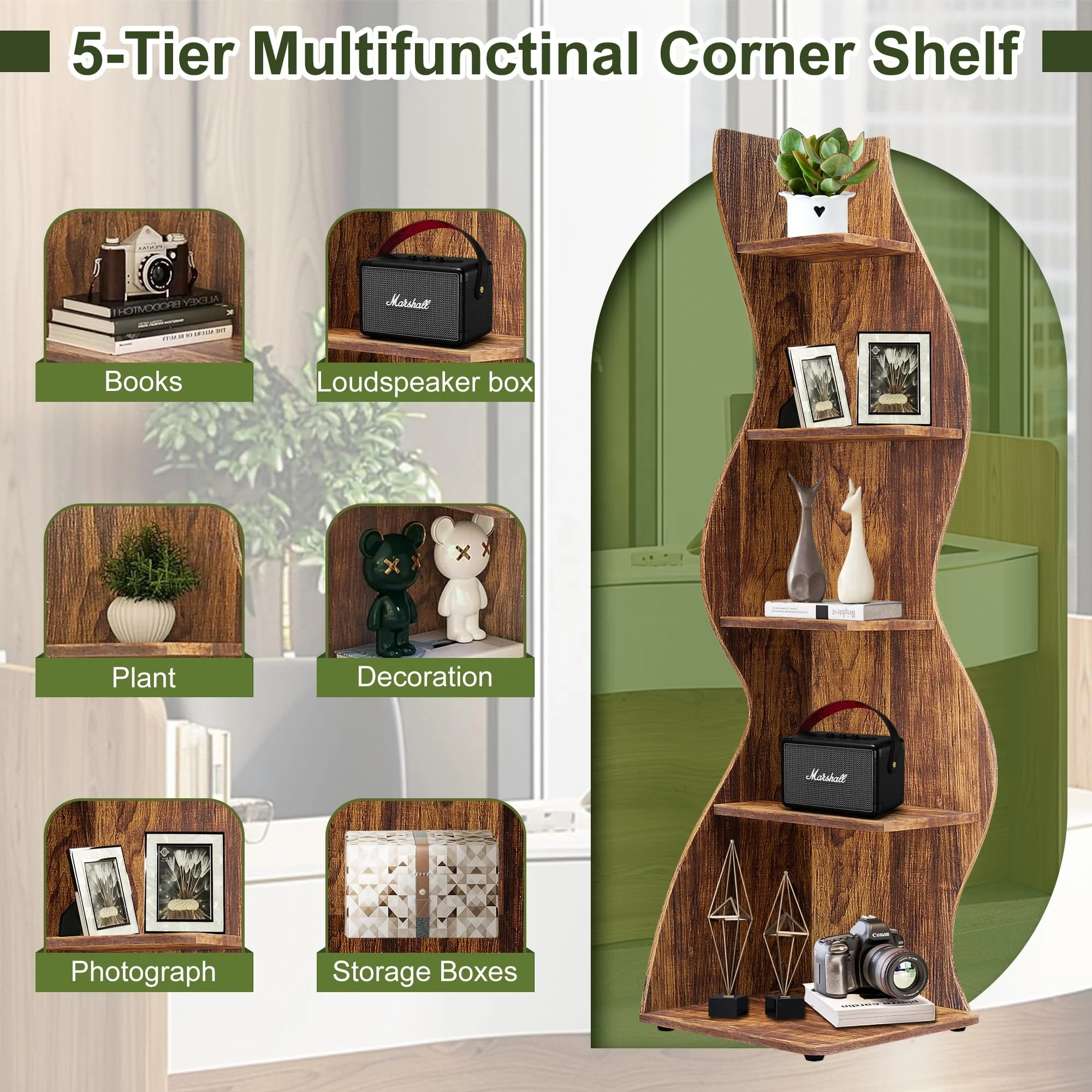 triangle rustic small bookcase plant stand 5-Tier corner bookshelf wood corner shelf book shelves storage rack for Living Room