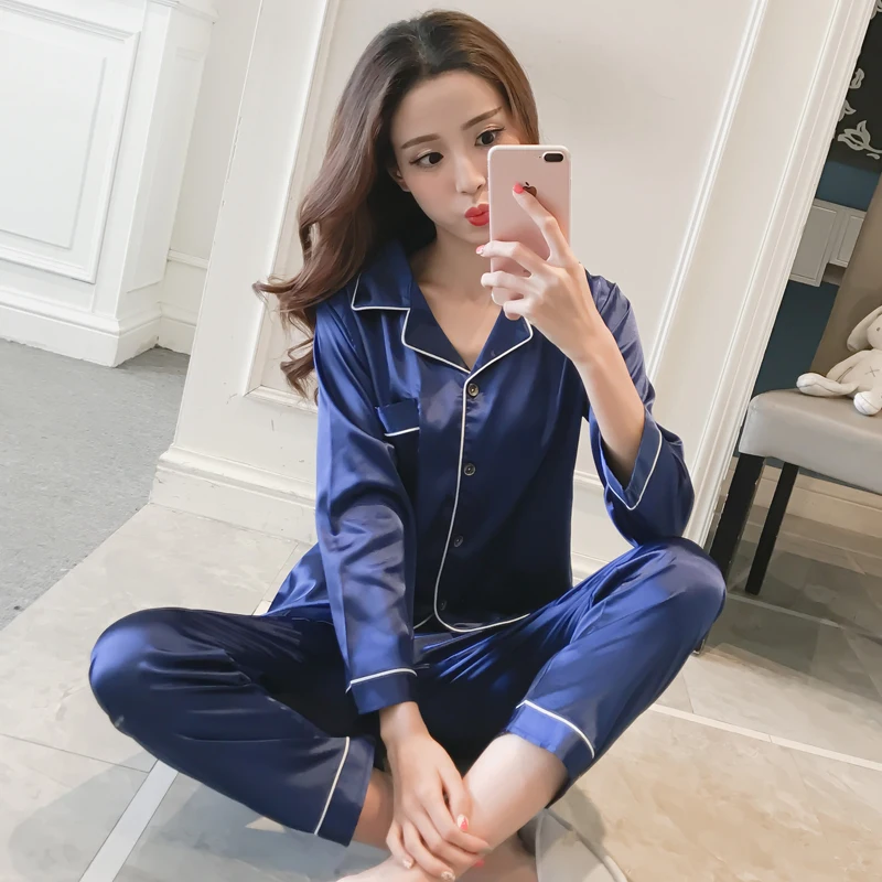 Custom High quality silk long sleeve sleepwear set solid color luxury satin pajamas women spring autumn pijamas woman plus size