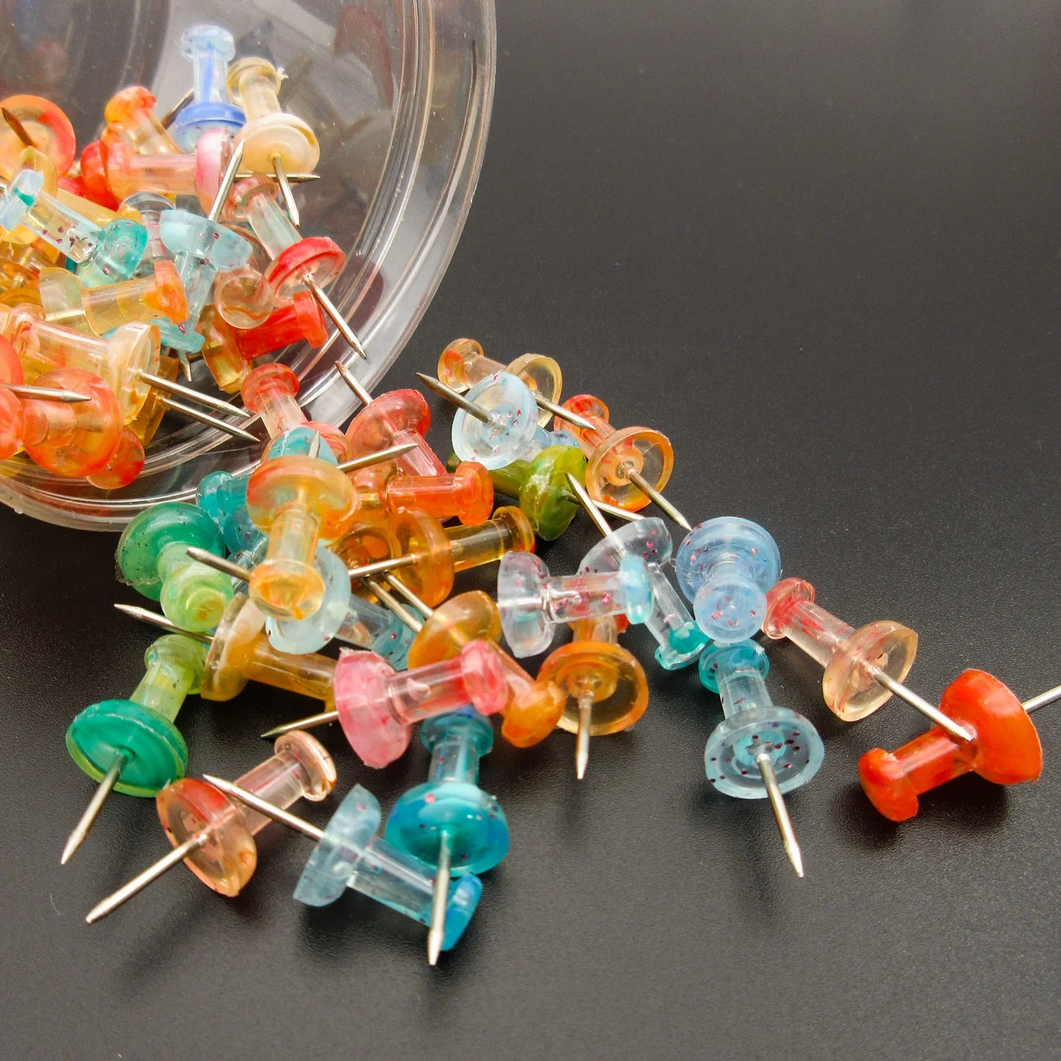 Wholesale colorful transparent long plastic push pins factory price office school drawing supplies daily used cute push pins