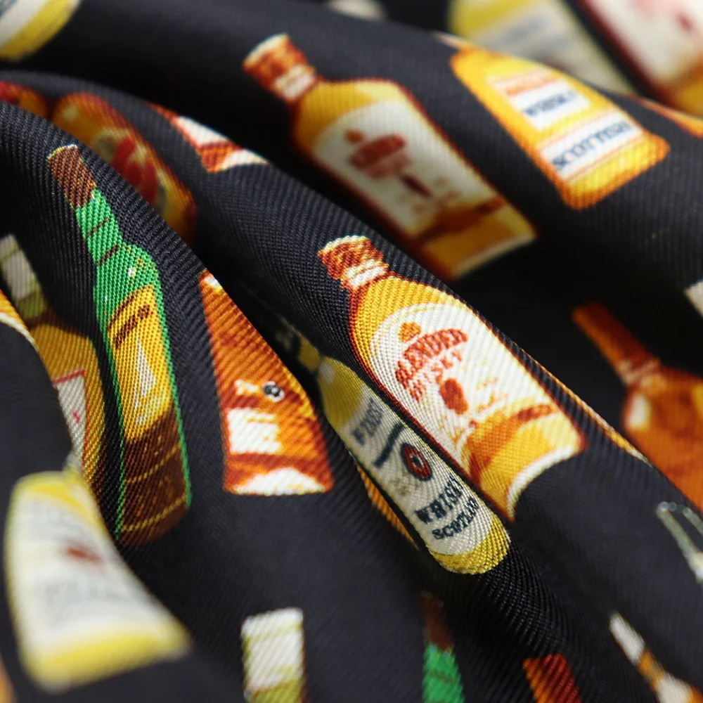 Fashion Designer Assorted Wine Patterns Black Digital Printed Pure Silk Fabric for Neckties