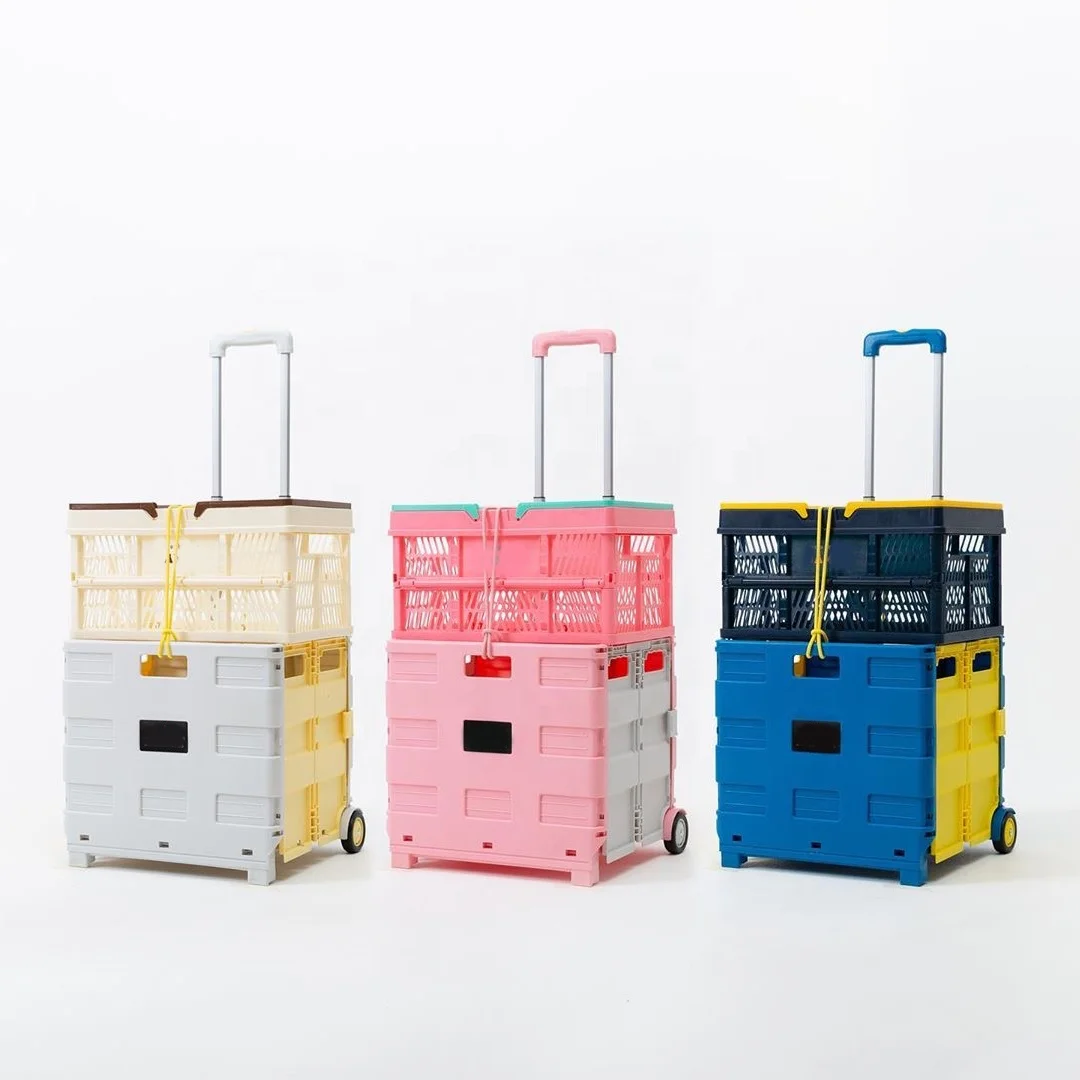pink plastic collapsible trolley stackable vegetable basket on wheels for retail stores groceries