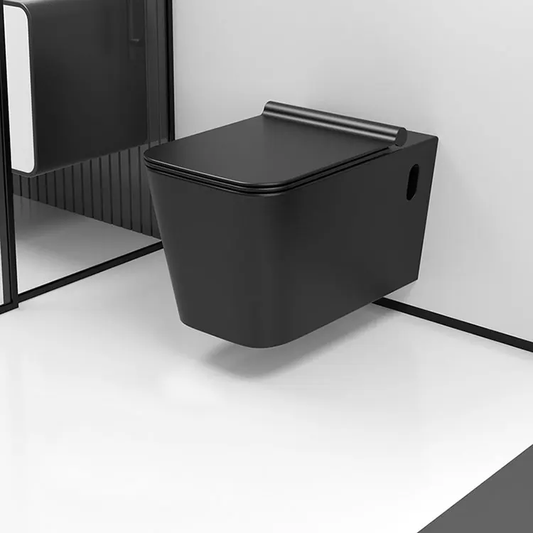 Modern Rimless Concealed Tank Comode Bathroom Easy Cleaning Glaze Matt Black One Piece Square Ceramic Wall Hung Toilets