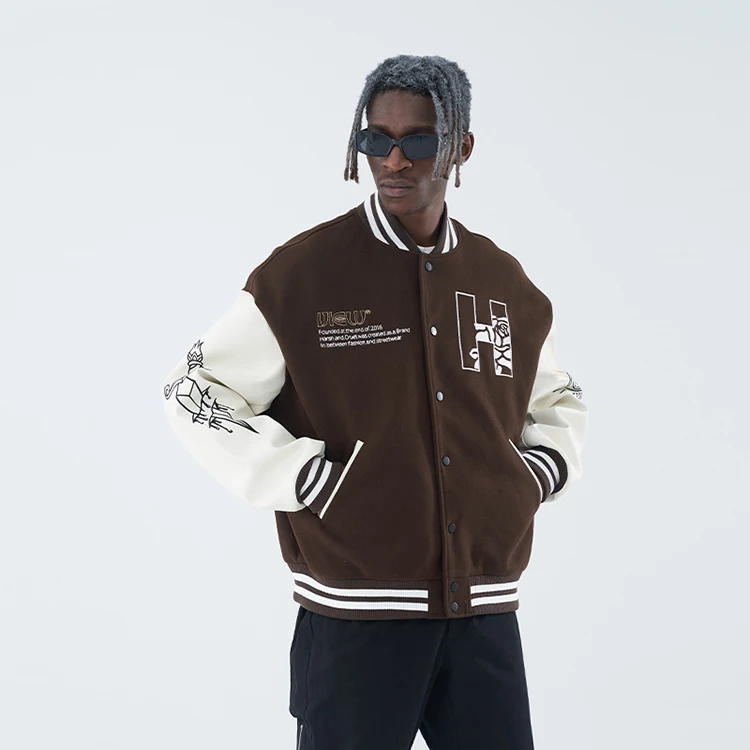 Varsity thick embroidery woolen quality brown college coat custom leather baseball factory bomber jackets for men