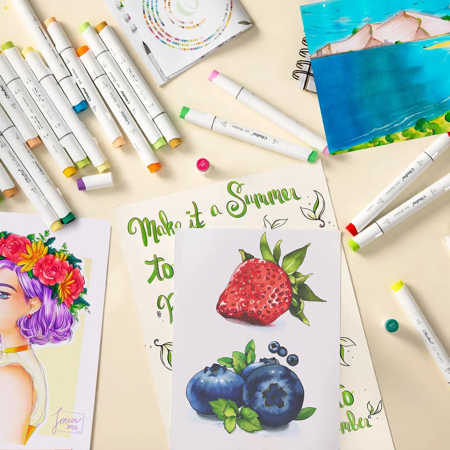 Маркеры Ohuhu на спиртовой основе с двойным наконечником, 120 цветов, кисть и зубило, Двойные наконечники