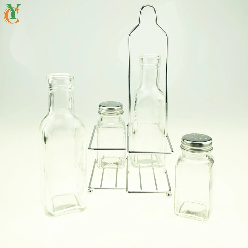 200ml transparent glass oil vinegar bottle and 80ml glass spice jar total four pcs rack set  kitchen