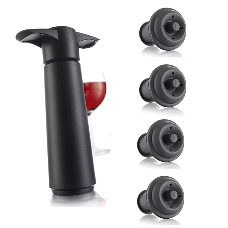 Wine Saver Pump with Vacuum Bottle Stoppers Black Pump and 4 Stoppers