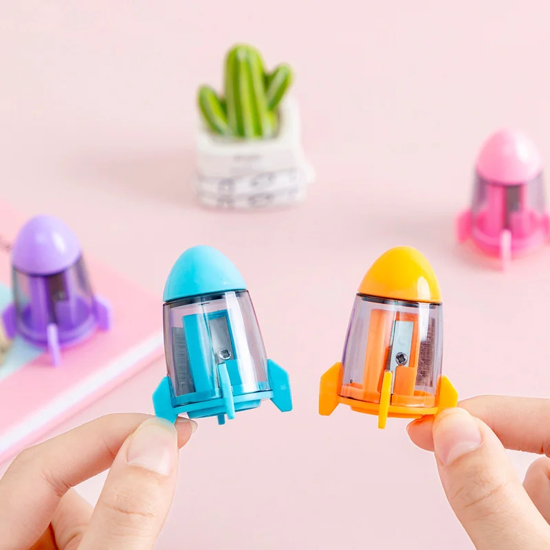 wholesale classroom office stationary pencil sharpener small sizes multi colors rocket shaped plastic fun pencil sharpeners