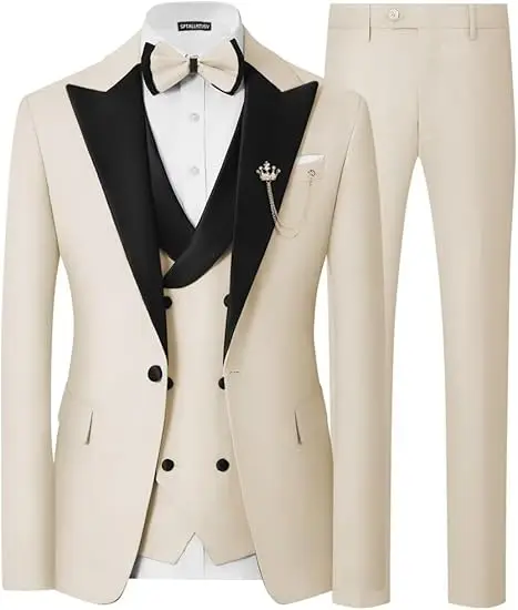 New Design Men Formal Suit Coat Pant Black Light Gray Beige Colour Slim Fit Business Wedding Tuxedo 3 Piece Suits Set For Men