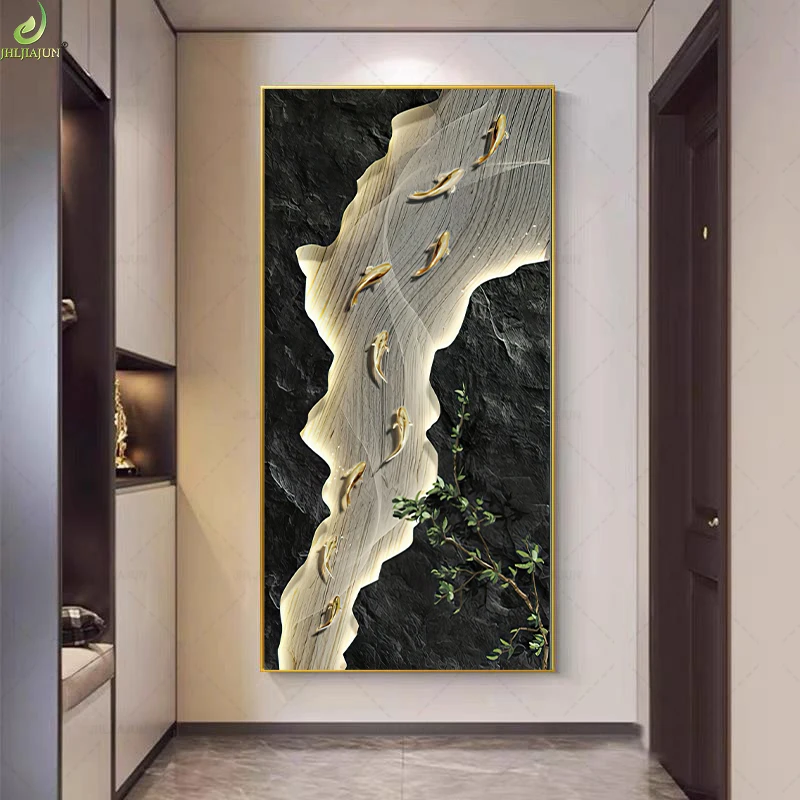Lucky Nine Fish Luxury Wall Art Crystal Porcelain Diamond Painting Good Luck Metal Fish Home Decor