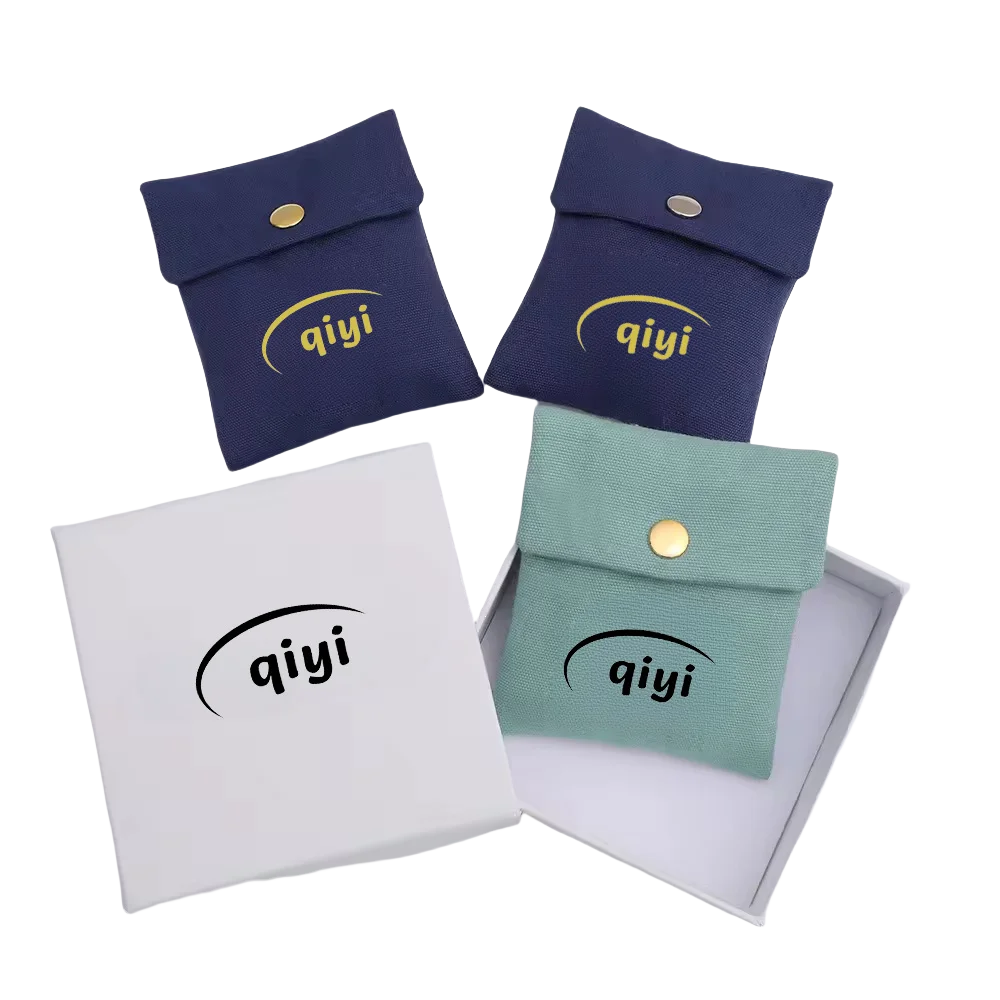 8*8cm Custom Logo Soft Cotton Canvas Jewelry Snap Button Bags Navy Blue Jewelry Packaging Pouch