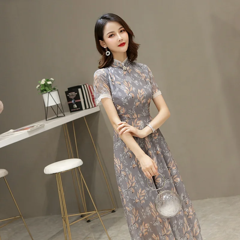 
Chinese morden fashion Cheongsam, Floral long Qipao, Short sleeve chiffon Dress For Women 
