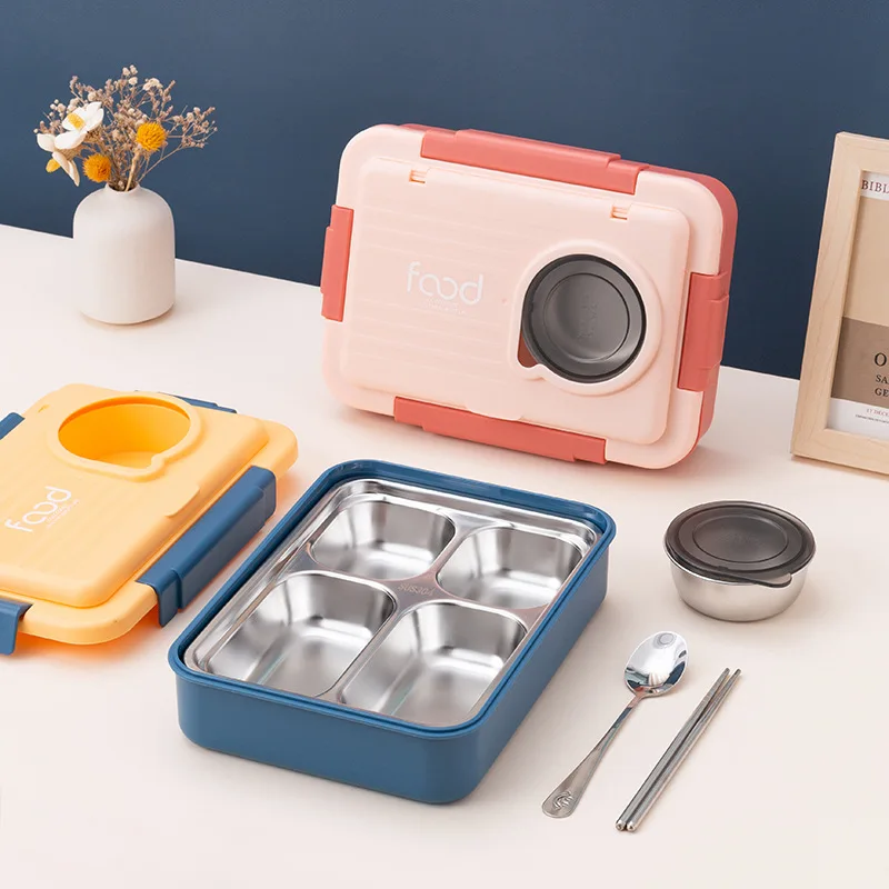Food Container 4 Compartment Kids 304 Stainless Steel Lunch Box Portable Double-layer Thermal Bento Tiffin Box With Soup Bowl