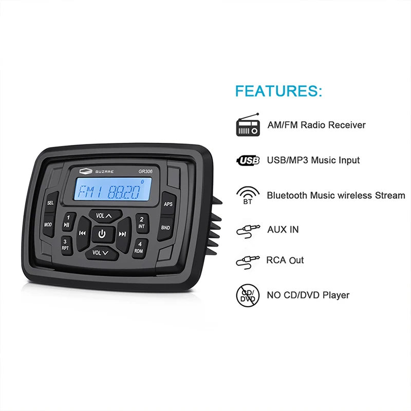 Waterproof Marine Radio Stereo  Digital Media Audio Player+ 1 pair Marine Speakers +FM AM Antenna For ATV UTV Golf Cart