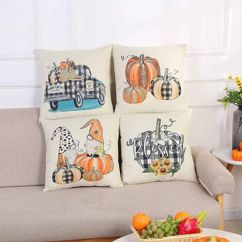 Poly-Cotton Pillow Cases Printed Cartoon Pumpkin Throw Pillow Cover Square Thanksgiving Decorative Pillow Cushion Cover