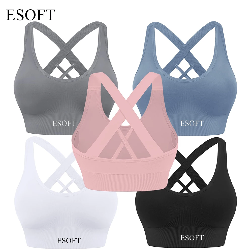 ESOFT Sports Bra for Women Padded Medium Support Criss-Cross Strappy Seamless Yoga Exercise Bras