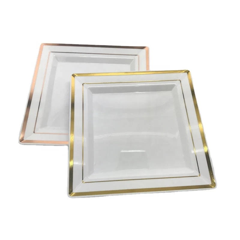 Disposable Plastic Gold Square Dinner Plates Classic Wedding Party Plates