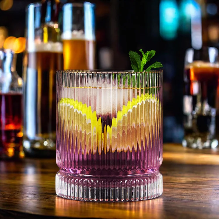 12 Pcs Ribbed Glass Cup Vintage Glassware Clear Cocktail Drinking Glasses Set Highball Glass Ripple Bar Beverages Ice Coffee Cup