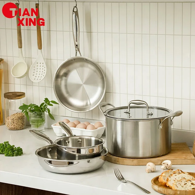 Tianxing 6 Pcs Induction Kitchen Cooking Pot And Pan Set Dishwasher Safe Nonstick Triply Stainless Steel Cookware Set With Lid