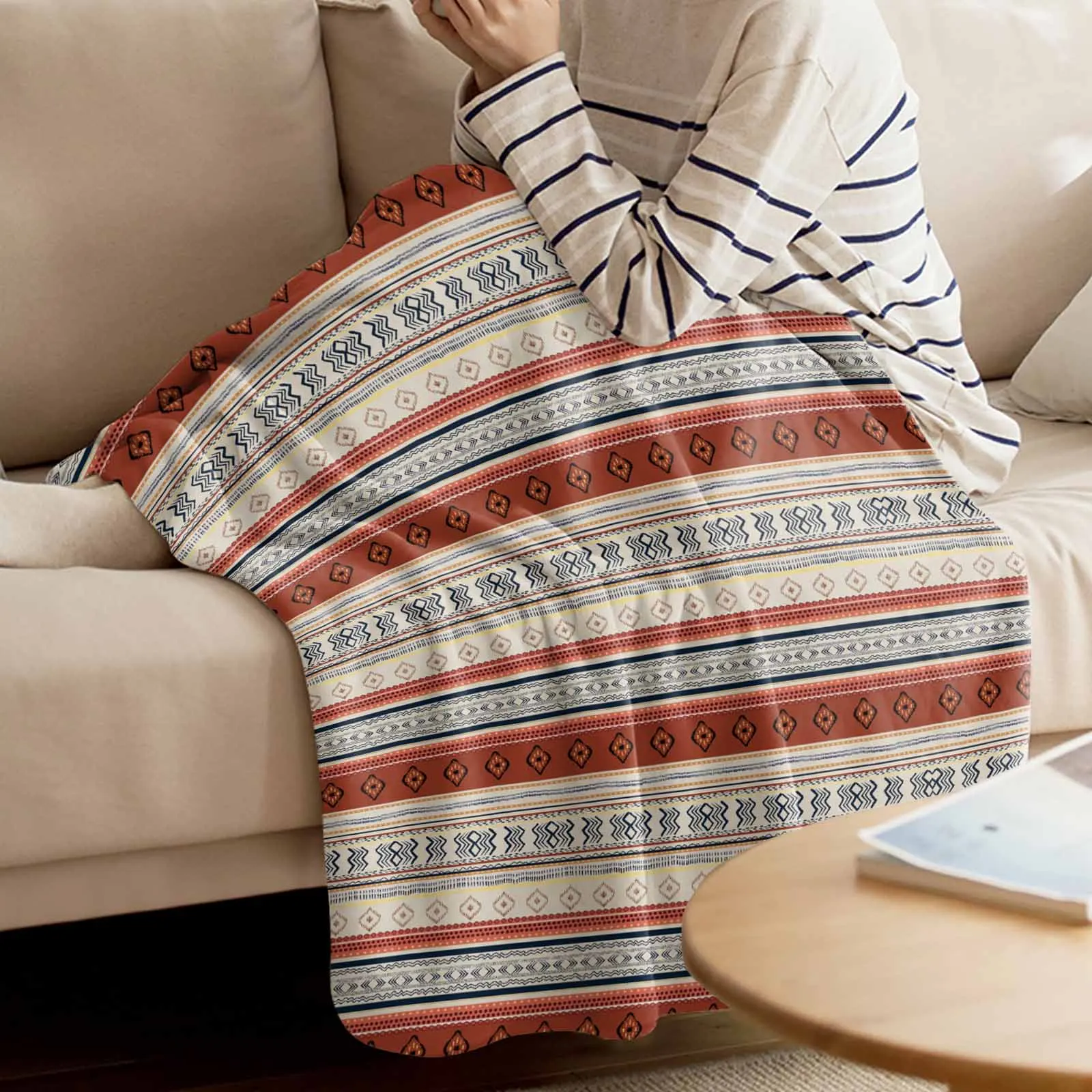 Beige Southwestern Native Tribal American Geometric Vintage Flannel Soft Blanket Cover for Couch Chair Bed Outdoor Travel
