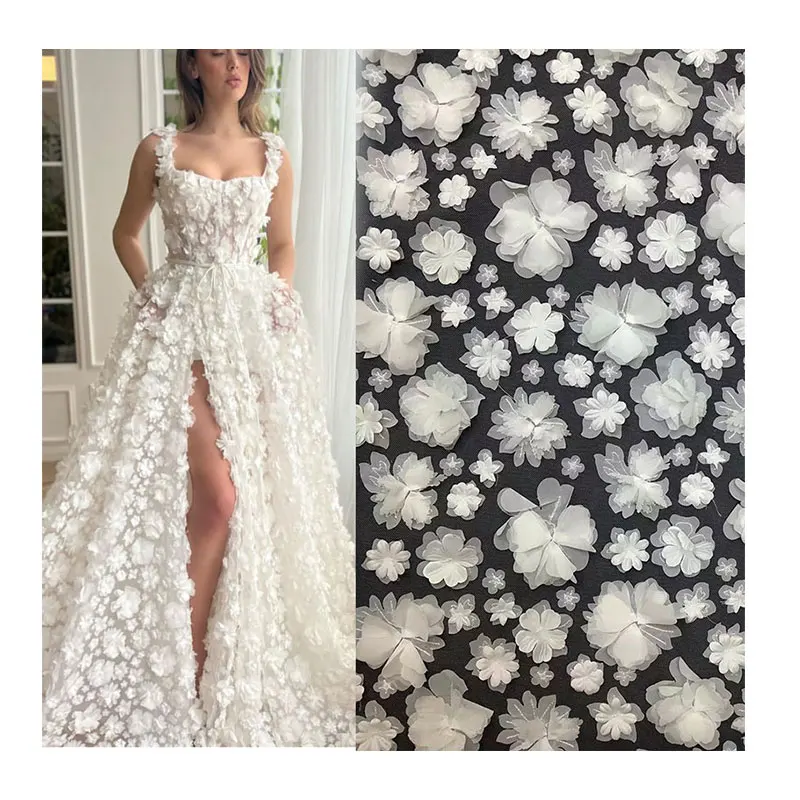 Top sale french peach and pink 3d flower lace embroidered fabric high quality net lace fabric for wedding bridal dress