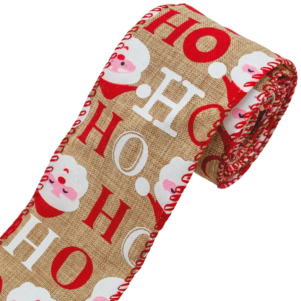 Gordon Ribbons Custom Burlap Ribbon Roll Natural Color For Crafts Wrapping Christmas Jute Ribbon Printed Snowman with Wired Edge