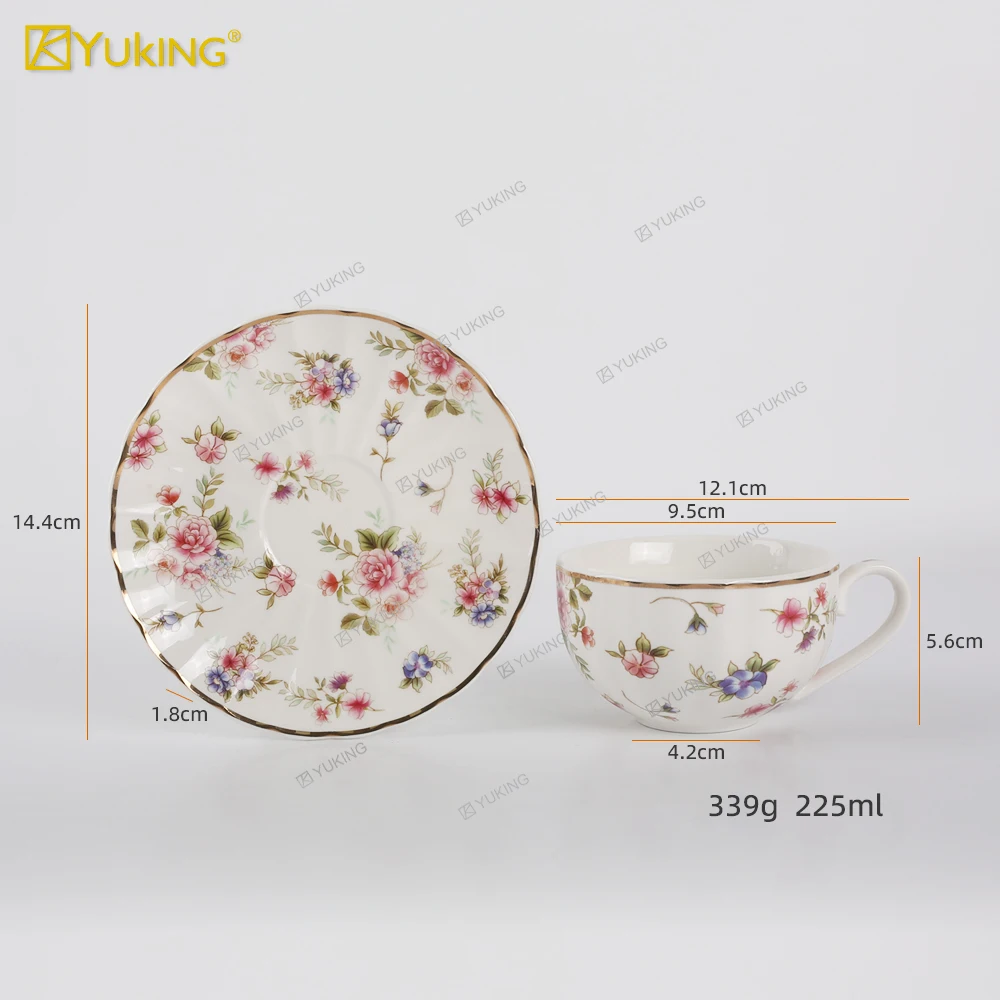 Hot sale 220ml bone china cup and saucer ceramic coffee cup for flower designs and golden lines factory direct high quality