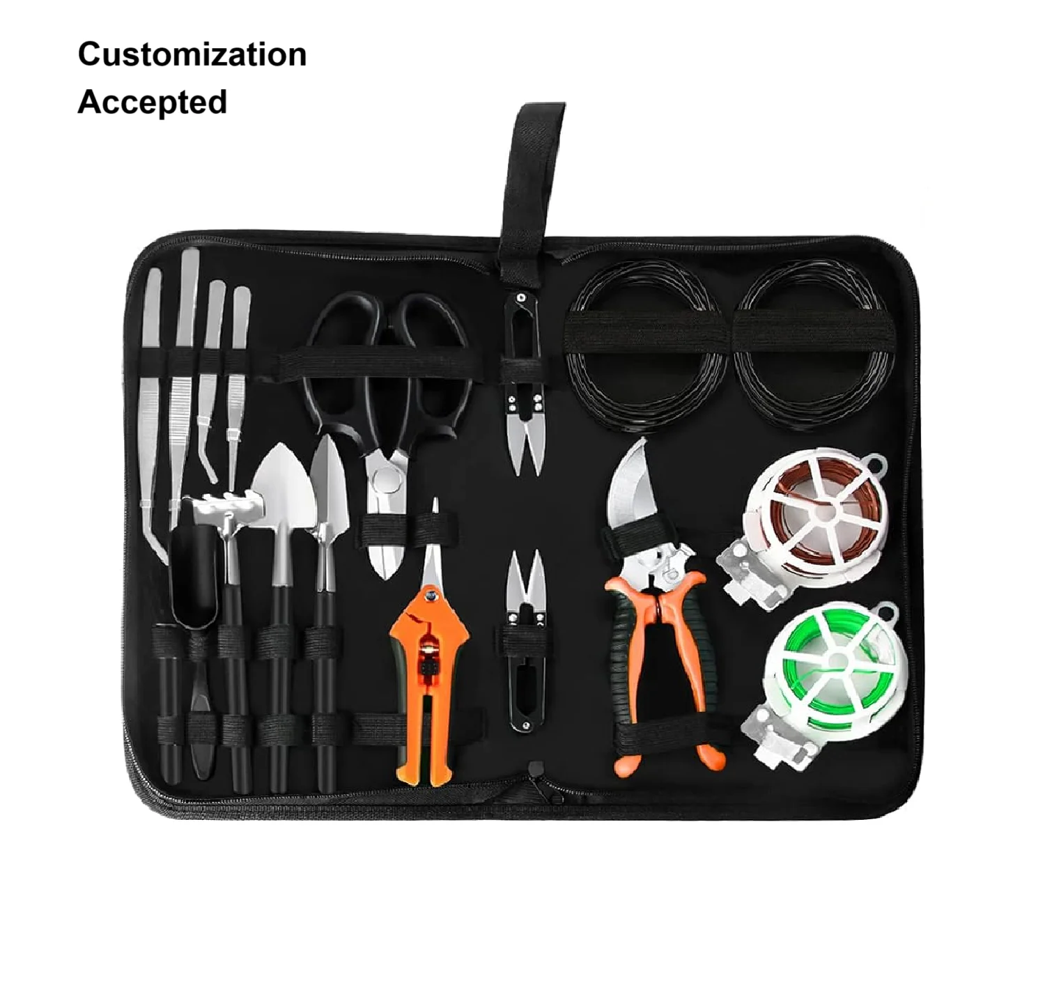 Customized Potted Plants Tools Kit with Various Pruning Shears Scissors Tweezers Bonsai Wires Brushes Repotting Mat