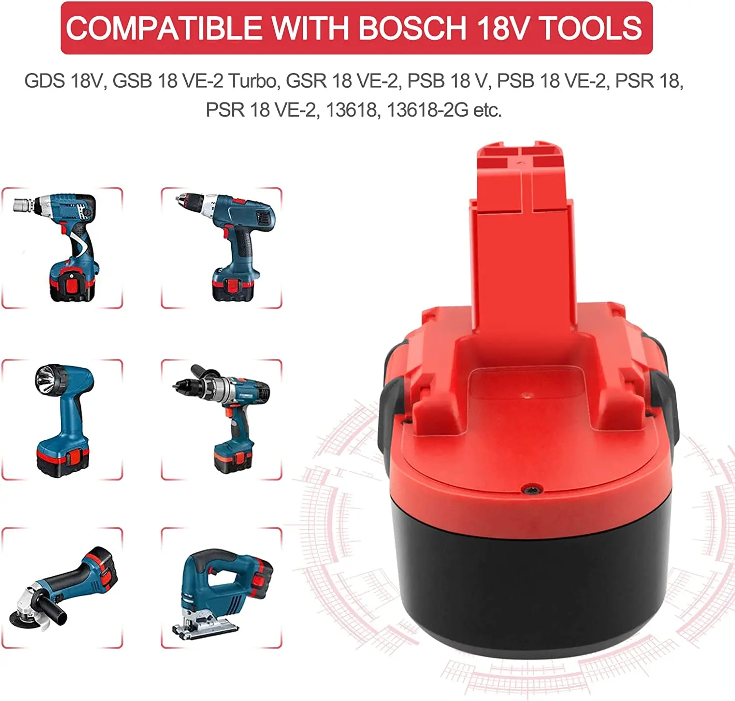 Tool Battery for bosch 18V 2500Ah Ni-MH Compatible with Bosch BAT181 BAT025 BAT026 BAT160 BAT180 BAT189