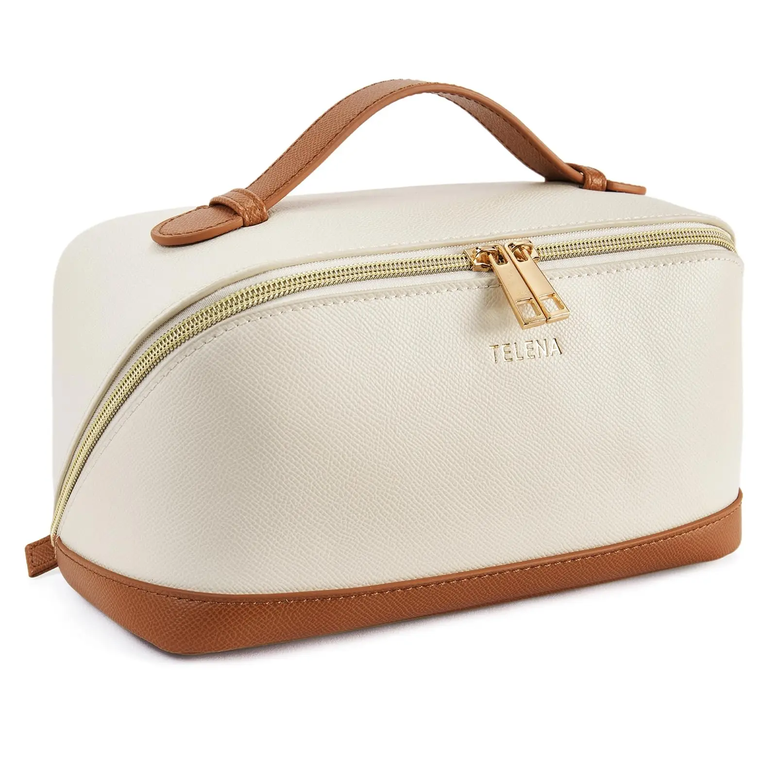 Qetesh Fashionable Portable Leather Wash Bag with Handle Flat Lying Cosmetic Bag with Divisions for Handheld Cosmetics